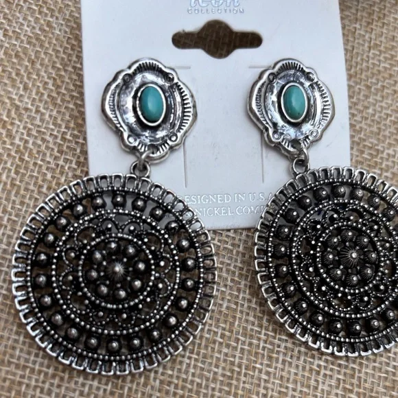 ICON Silver-Tone Filigree Drop Earrings with Turquoise Accents - Picture 2 of 5